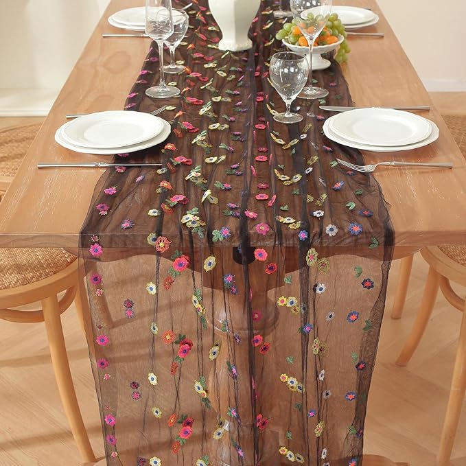 Black Embroidery Daisy Fall Table Runner 120Inch 10FT Florals Soft Sheer Tulle Fabric Table Runner for Home Decor, Brithday, Wedding, Baby Shower ,Holiday ,Parties, DIY Craft,3PC