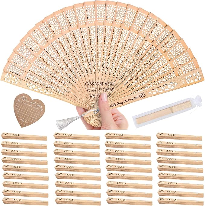 1pc Personalized Wedding Fans for Guests - Custom Wooden Hand Fans with Names/Dates - Bulk Wedding Favors for Bridal Shower, Baby Shower & Parties (Wood, 1pc)