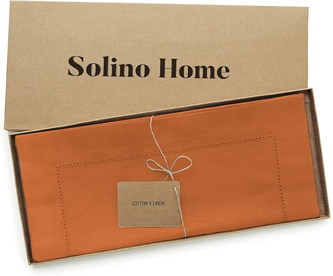 Solino Home Cotton Linen Pumpkin Table Runner 108 Inches Long - Hemstitch 14 x 108 Inch Table Runner for Fall, Autumn, Halloween, Thanksgiving, Holiday - Handcrafted and Machine Washable