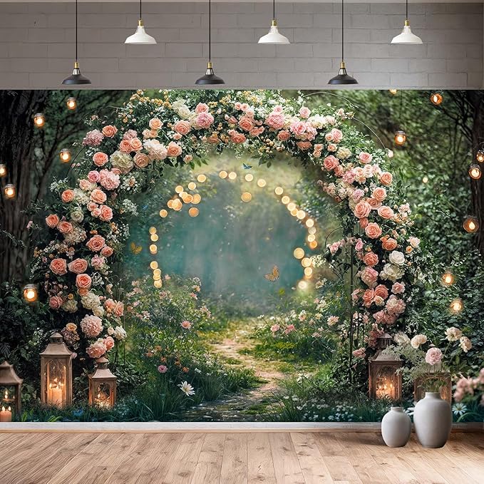 12x10ft Enchanted Forest Wedding Photography Backdrop Wonderland Roses Fairy Tale Backdrop Pink Flower Birthday Newborn Baby Shower Wedding Bridal Party Banner Photo Booth Props Anniversary Background