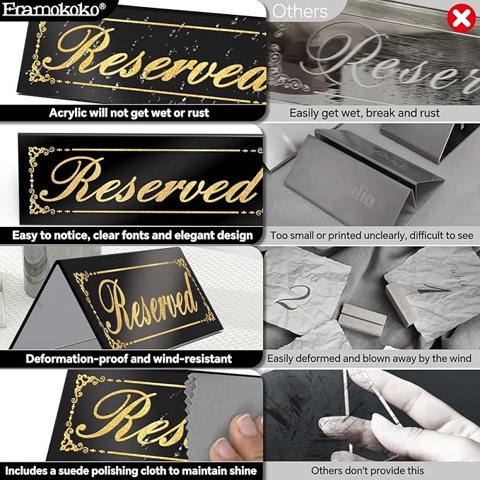 12 Pcs Black Mirrored Reserved Table Signs, 6" x 2" Double Sided Letters, Acrylic Reserved Table Tent Signs with Cleaning Cloth for Wedding Restaurant Ceremony Party Banquet Chairs