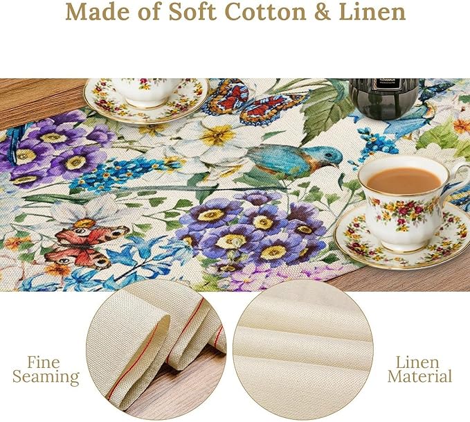 Brown Bird Floral Table Runner Spring Flower Kitchen Table Decoration Suitable for Family Dinner Decoration 13x120 Inch