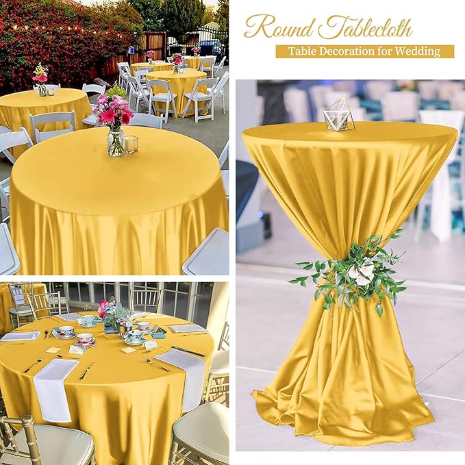 12 Pack 108 Inch Gold Satin Tablecloth - Silky Round Tablecloth Overlay Smooth Fabric Table Cover, Bright Table Decoration for Wedding Party Banquet Events Restaurant Kitchen Dining