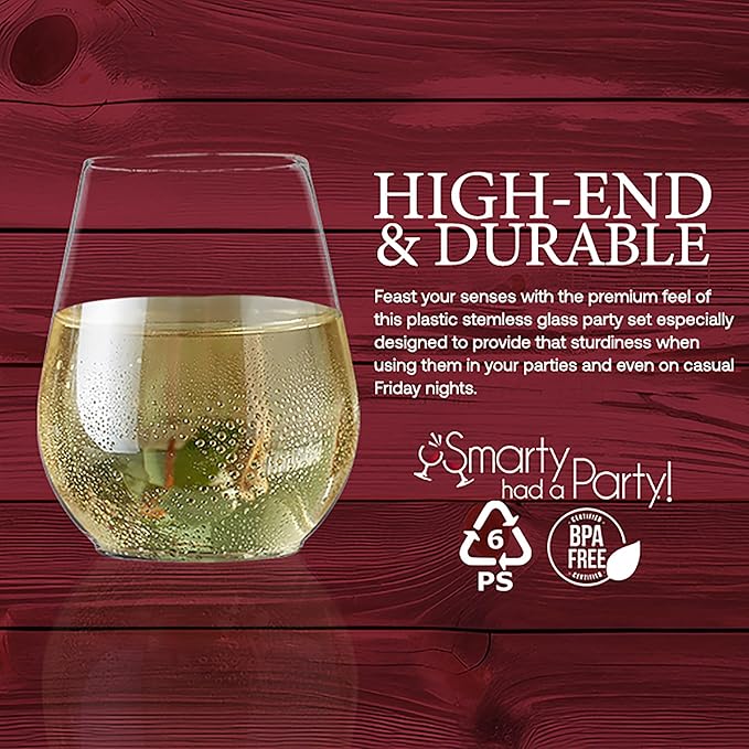 Smarty Had A Party 4 oz Clear Stemless Plastic Mini Goblets, Unbreakable Disposable Wine Goblets for Weddings, Parties, and Events, Bulk Drinkware for Celebrations (80 Count)