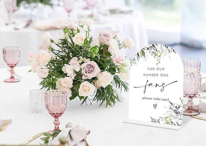 Greenery Wedding Fan Sign, 6 x 8 Inch White Arch Acrylic Wedding Sign with Holder, Wedding Sign for Ceremony and Reception, Wedding Decoration, Wedding Supplies - LY23