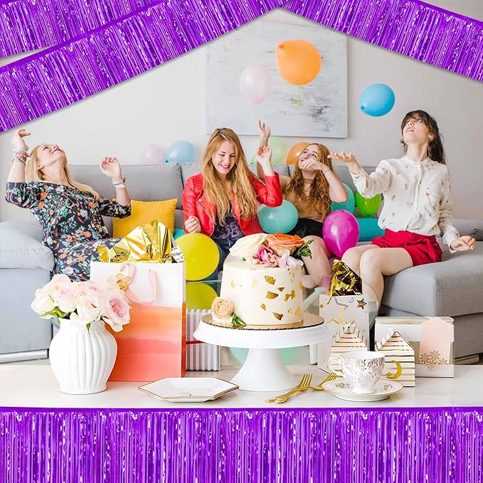 4 Pack 10 Ft Purple Foil Fringe Garland Metallic Streamers Tinsel Banner Wall Hanging Garland Backdrop for Parade Floats, Halloween, Christmas, Thanksgiving, New Year Party Decorations