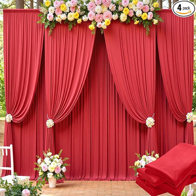 20ft x 15ft Red Wrinkle Free Backdrop Curtains for Parties,Silky Polyester Fabric Wedding Ceiling Drapes, 4 Panels 15ft Photo Back Drop Drapes for Baby Shower Photography Stage Background Cloth