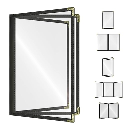 Goodsmart Restaurant Menu Covers – 25 Pack Black 6-View Booklet 5.5" x 8.5", Side-Loading Vinyl & Plastic Menu Holders, Clear Menu Sleeves, Leather-Style Café Covers with Gold Corners