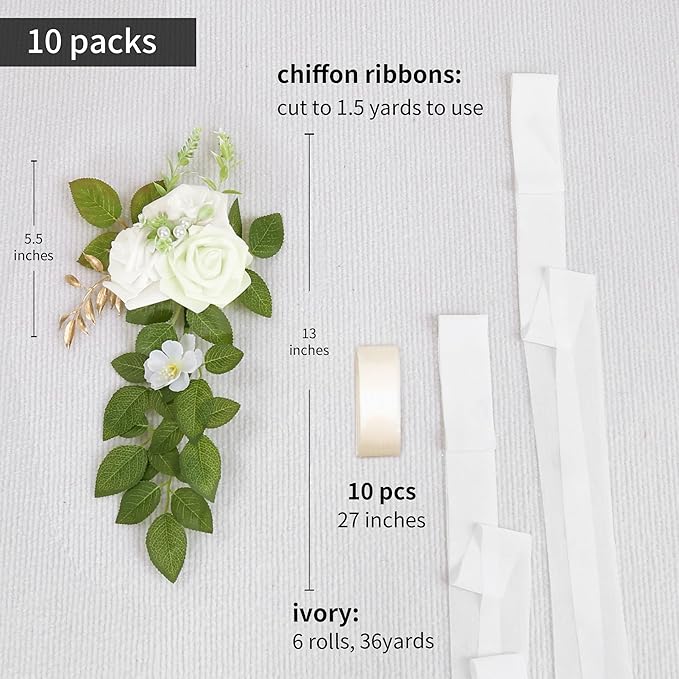 Artificial Aisle Flowers, Ivory White Rose Pew Decor, 10 Pieces