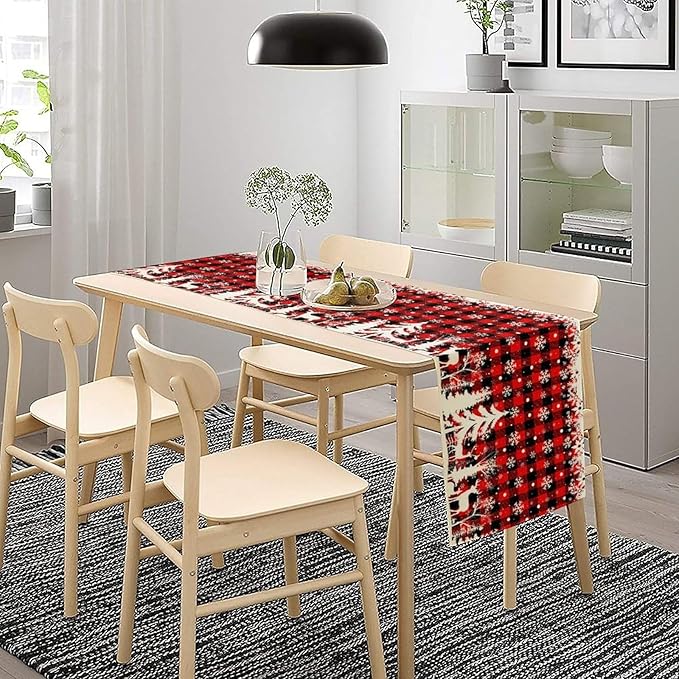 Christmas Table Runner,Red Black Plaid Xmas Snowflakes Deer Trees Print Tablecloth Burlap for Hotel Indoors Outdoor Dining Room Kitchen Home Decor,W13X L80 in