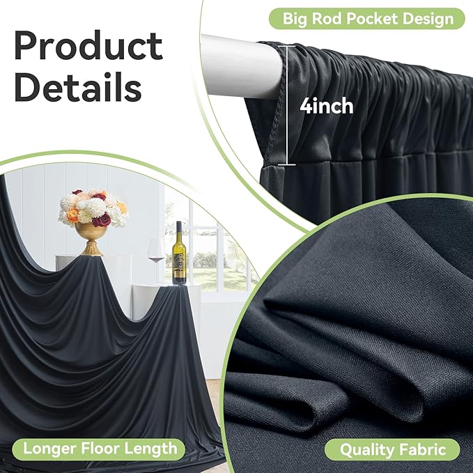 50ftx15ft Wrinkle Free Black Backdrop Curtain, 10 Panels 15FT Height Black Wedding Backdrop Drapes, Silky Polyester Back Drop Cloth for Birthday Photography Background Party Backdrop Draping
