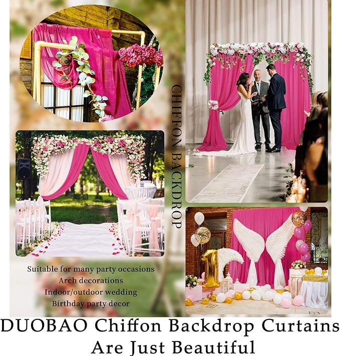DUOBAO Fuchsia Wedding Backdrop Curtains 2-Pack 96 Inch Long Chiffon Curtain Panels with 4 Inch Rod Pockets for Windows Voile Drapes Treatment Ceremony Sheer Photography Backdrops(5FTx8FT Hot Pink)