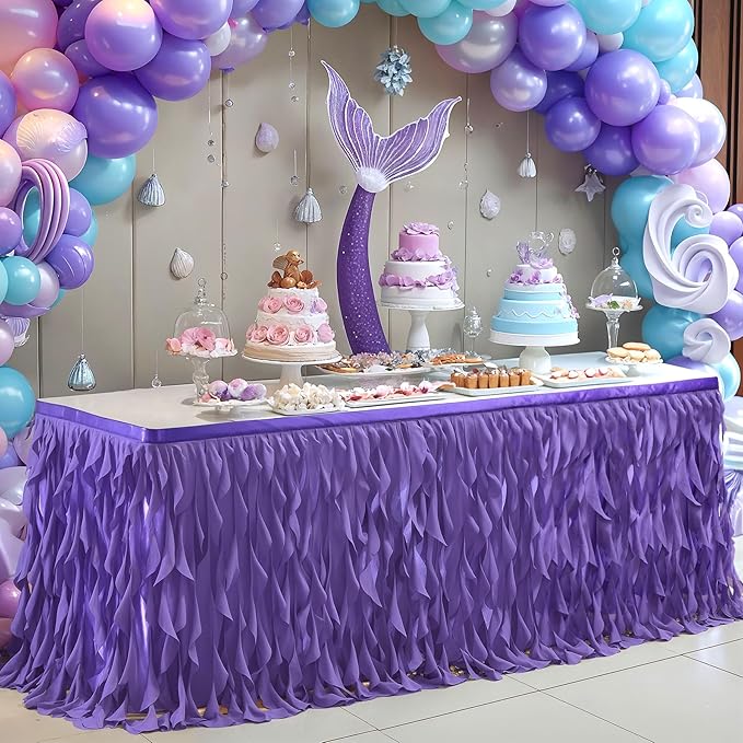 Partisky Mermaid Purple Tulle Curly Willow Table Skirt for Rectangle Table 14ft, Ruffle Tutu Table Cloth for Girls Boys Baby Shower,Mermaid Birthday Party