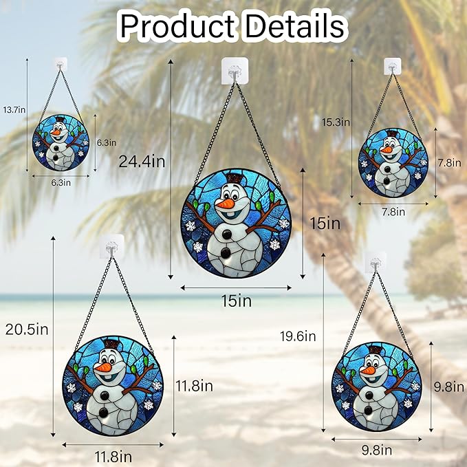 Stained Glass Window Hanging Christmas Funny Snowman 9.8" - Suncatcher Door Garden Blue White Snowflakes Sun Catcher New Year Birthday for Friend Mom Men Woman Nana