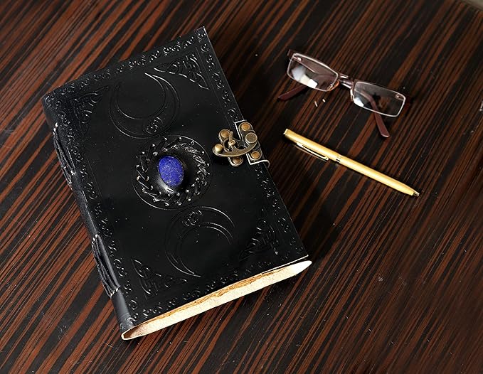 cuero 3 Moon Blue Lapiz Embossed Vintage Leather Journal | 240 Pages of Antique Handmade Deckle Edge Vintage Paper, Leather Sketchbook, Drawing Journal, Great Gift (6 inch by 8 inch, black)