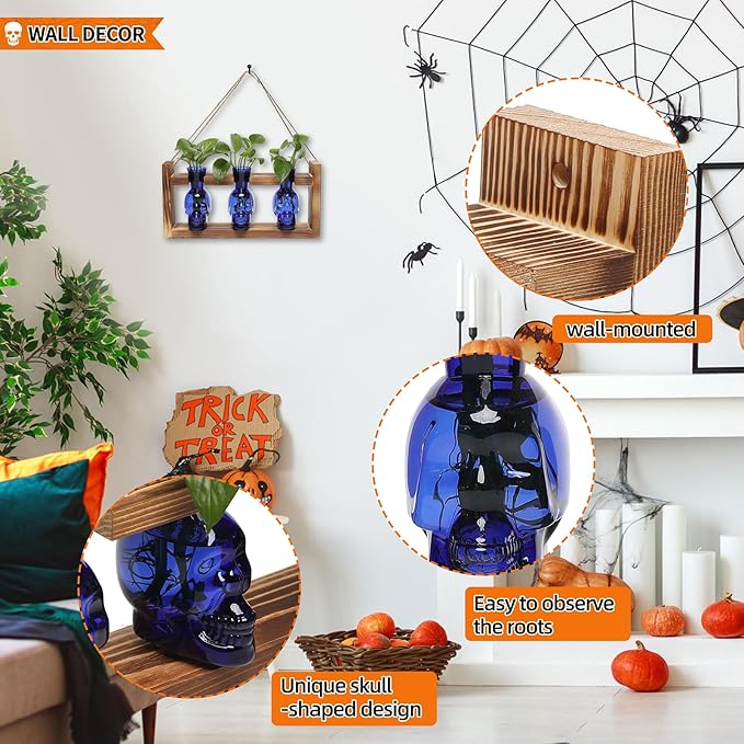 Terrarium Set of 3 Skull Glass Propagation Stations with Wood Stand