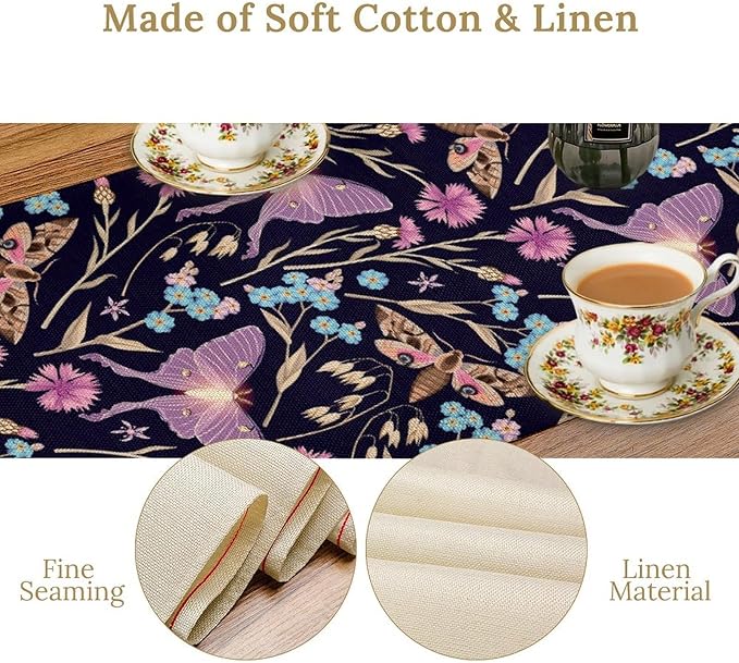 Moth Table Runner, Boho Aesthetic Moth Magic Table Runner for Home Kitchen Dining Party Indoor Outdoor Decoration 13x60 Inch
