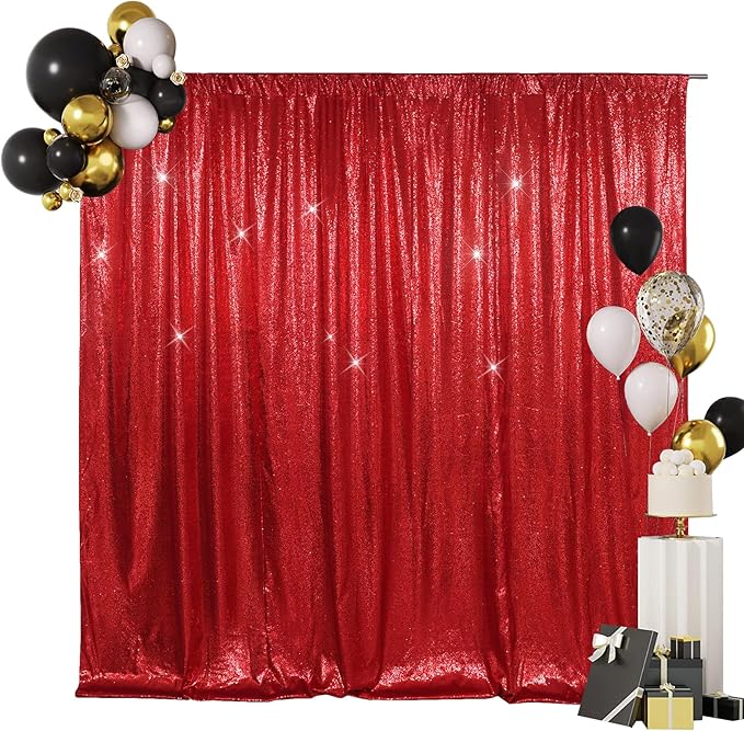 SquarePie Sequin Backdrop Less Transparent Background Sparkly Curtain for Wedding Party 4FT x 7FT Red