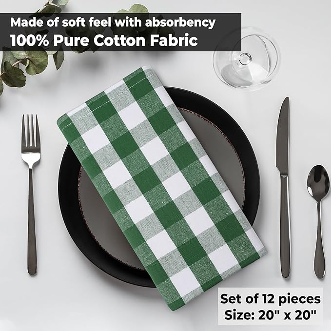 Cloth Dinner Napkins, Square 100% Cotton in Hunter and White Checkered