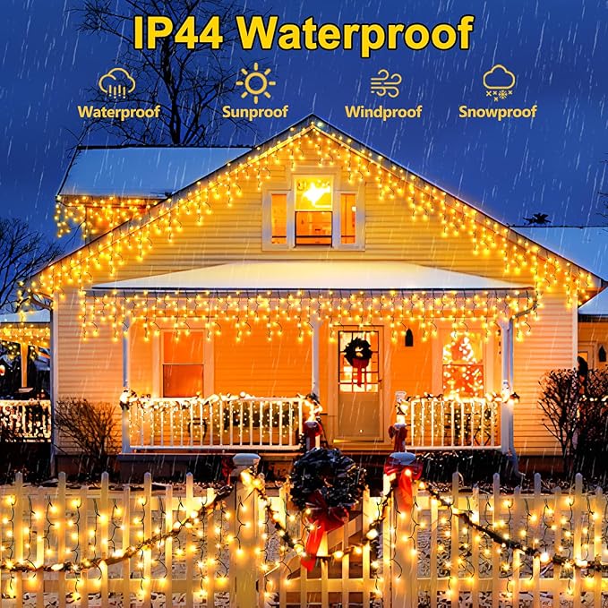 KNONEW 33FT 400 LED Christmas Lights Outdoor Black Wire String Lights with 75 Drops, 8 Lighting Modes, Timer Memory Function Connectable Hanging Curtain Lights for Halloween Party Decor (Warm White)