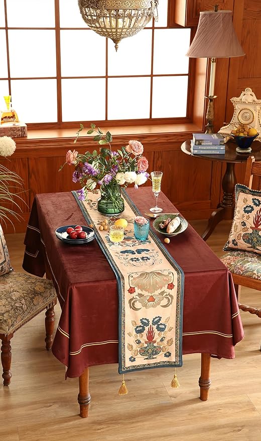 patdrea Designer Casual Wild Floral Velvet Table Runner 87 Inch Long, Brown Occult Bouquets Pattern Table Mat, Decoration for Kitchen Dining Coffee Table Cabinet Banquet Thanksgiving,12"*87"