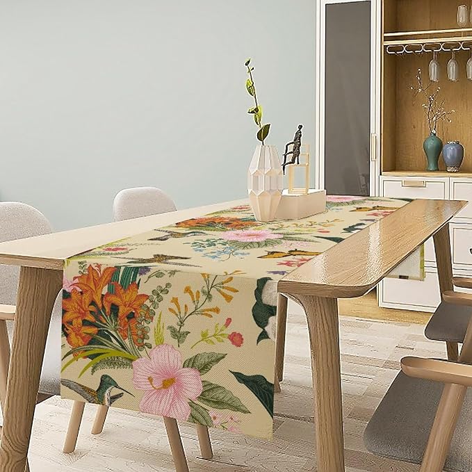 Brown Bird Floral Table Runner Spring Flower Kitchen Table Decoration Suitable for Family Dinner Decoration 13x36 Inch