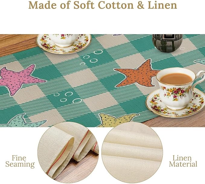 Starfish Plaid Table Flag Green Plaid and Marine Life Starfish Kitchen Table Flag Suitable for Birthday Party Restaurant Decoration Outdoor Picnic 13 * 120 Inch