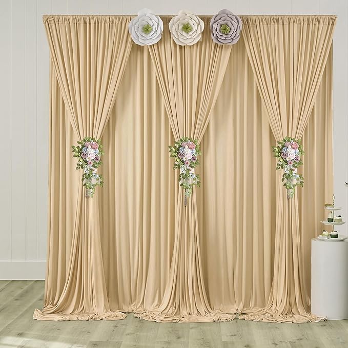 Backdrop Curtain Set, Beige Wrinkle-Free Polyester, 8 Panels 5 x 10 ft