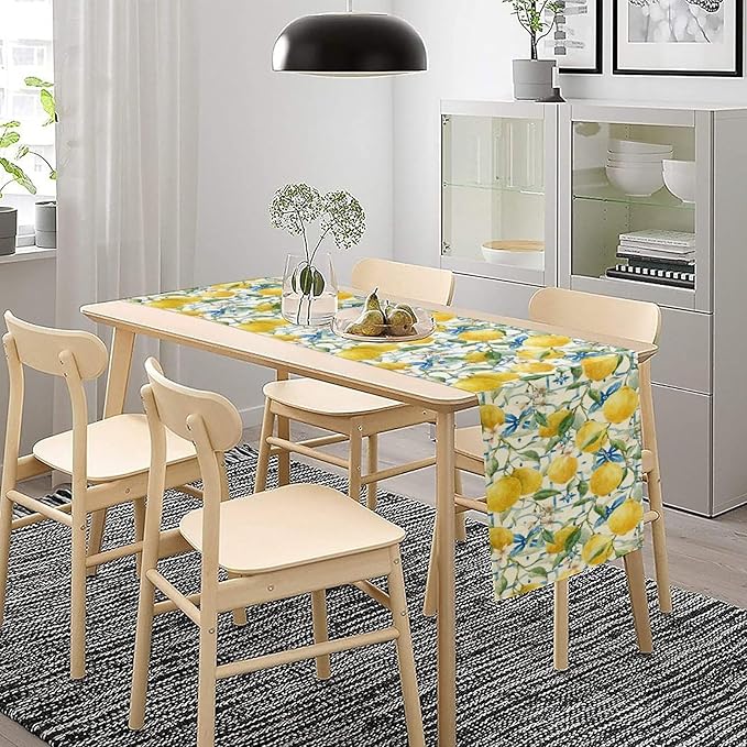 Lemon Table Runner,Watercolor Fruit Green Leaves Spring Summer Table Cloth Kitchen Dining Table Home Party Decoration 13x90 Inch
