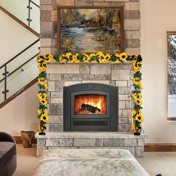 8Pcs 63Ft Sunflower Garland, Fake Hanging Flowers, Sunflower Artificial Flower Vine, Hanging Floral Vine Garland for Wedding, Party, Wall Arch, Halloween, Christmas Summer Garden Backdrop Decor