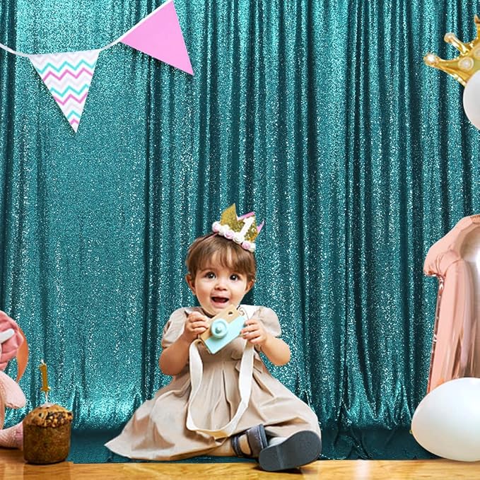 SquarePie Sequin Backdrop Curtain Not See Through Thick Glitter Background for Party 8FT x 8FT Teal