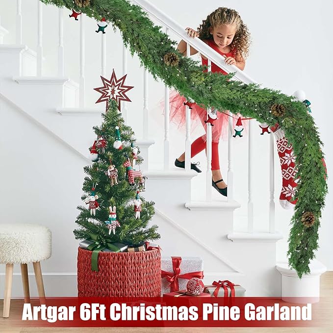 Christmas Garland 6 Ft Dark Green Cypress with Pinecones and White Beads