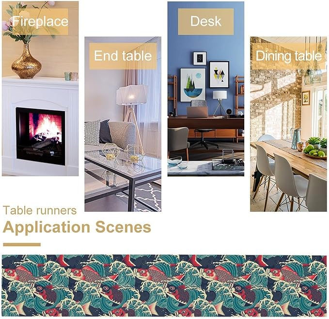 Kio Fish Table Runner Waves Japanese Tradition Art Printed Burlap Runner Home Kitchen Dining Table Living Room Decor Fabric 1 Panel W13xL90in