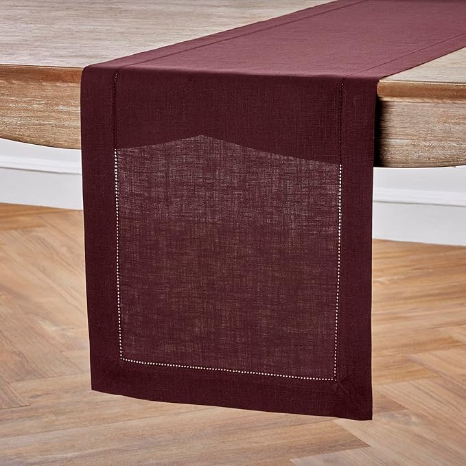 Solino Home Linen Burgundy Table Runner 90 Inches Long - 100% Pure Linen 14 x 90 Inch Table Runner for Fall, Autumn, Thanksgiving, Christmas - Classic Hemstitch