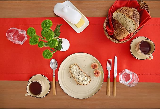 Solino Home Table Runner 90 Inches Long - Cotton Linen Hemstitch Poppy Red Table Runner 14 x 90 Inch for Halloween