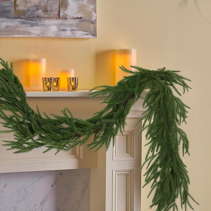 Hananona 2 Pcs 6 Ft Artificial Norfolk Pine Garlands, Real Touch Winter Pine Garland, Green Artificial Greenery Garland for Table, Mantle, Wall, Indoor, Outdoor Christmas Decorations (2, 6 FT)