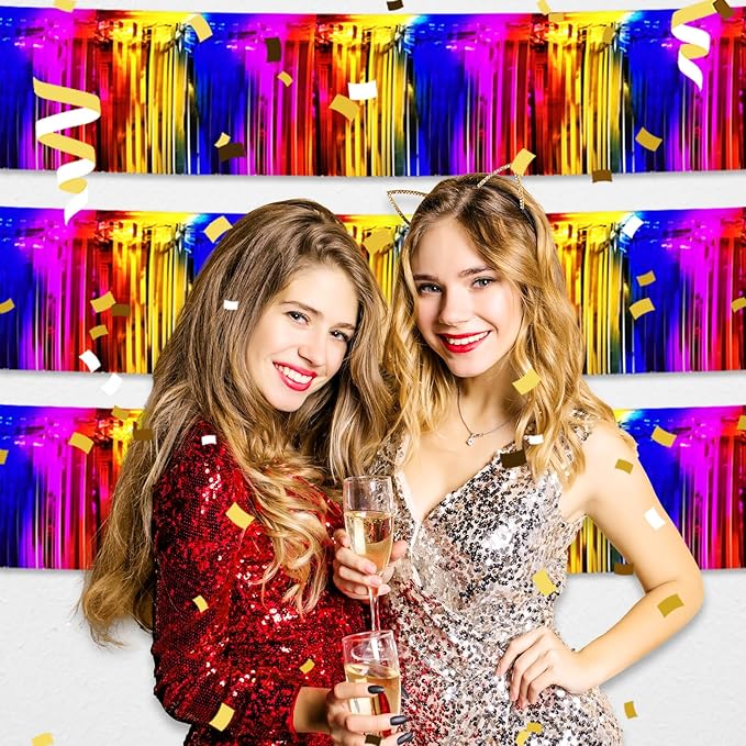 3 Pack 10 Long Rainbow Metallic Foil Fringe Garland Wall Hanging Tassle Banner, Mother's Day, Easter, Parade Floats, Birthday, Theme Party, Wedding Party Decorations