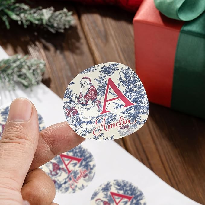 30pcs Personalized Christmas Stickers with Name, Custom Toile De Jouy Style Santa Claus Waterproof Christmas Gift Tags for Gift Box Holiday Decorations, Stockings, Party Favors