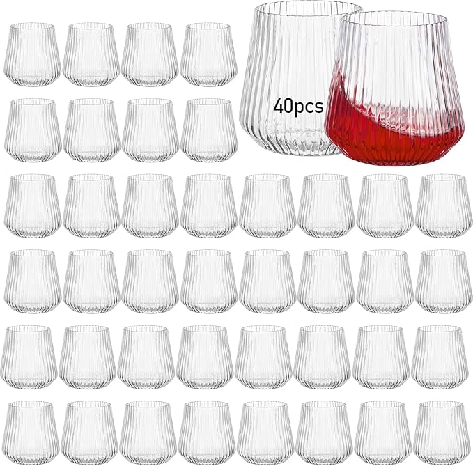 Wine Glasses, 40 Count Stemless Clear 12 oz Shatterproof Plastic