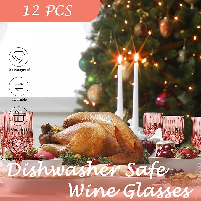 Plastic Wine Glasses，Plastic Goblets Vintage Style Cordial Drinking Glasses for Wedding Reception, Grand Event Party Supplies (12, Rose Gold)