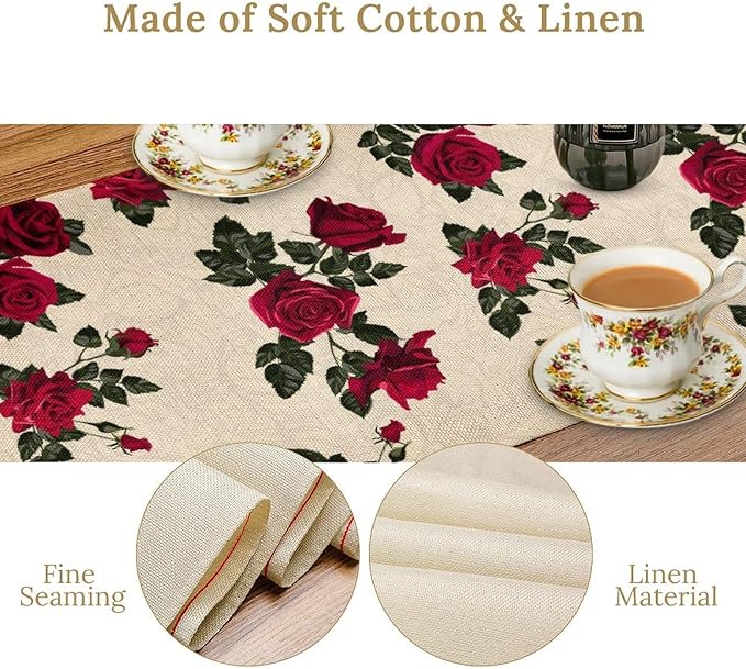 Vintage Rose Table Runner, Red Flowers Green Leaves Valentine's Day Table Runner for Kitchen Dinning Table Runner Decor Home Wedding Party Holiday, 13x120 Inch