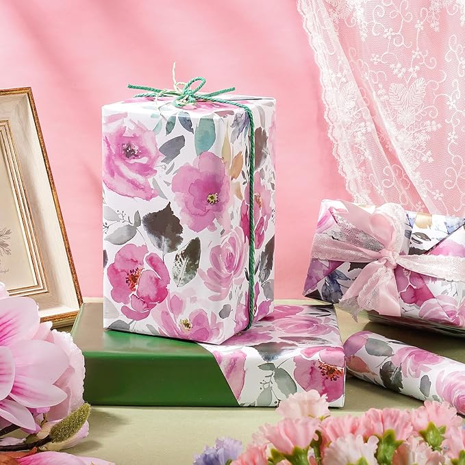 RUSPEPA Reversible Floral Wrapping Paper for Women, Mini Roll, Vintage Pink Rose with Deep Green Solid, Elegant Gift Wrap for Birthday, Wedding, Mother's Day, Bridal Shower, 17 Inches x 16.4 Feet