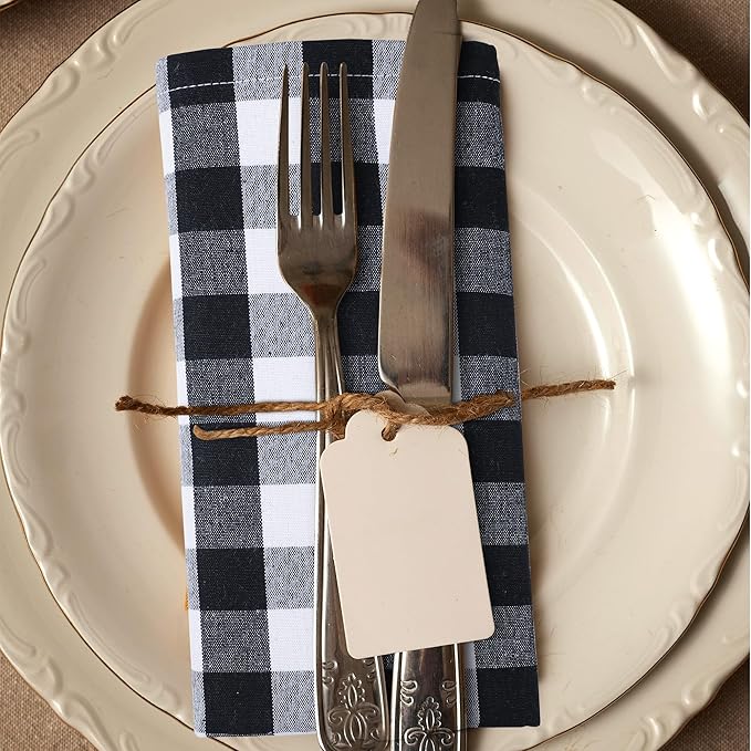 Cloth Napkins Set of 12, 20 x 20 Inch Black and White Checkered Cotton