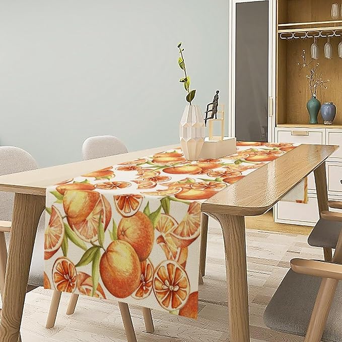 Spring Summer Orange Citrus Table Runner Sweet Fruit Botanical Print Little Cutie Dinner Runner for Farmhouse Baby Shower Party Holiday Home Kitchen Dining Table Decor 13x36
