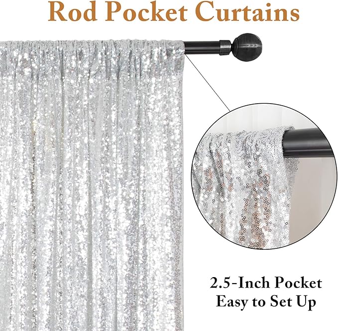 ShinyBeauty Silver Sequin Curtain Backdrop 2 Panels 4FTx8FT Photo Curtain Backdrop Curtain Panels 96 Inches Long -190522E