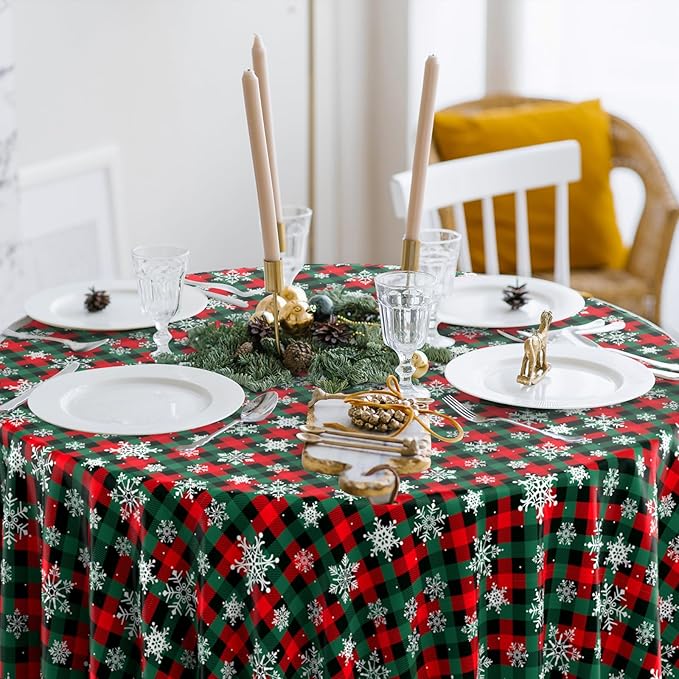 Jectivs 6Pcs Christmas Buffalo Plaid Snowflake Party Tablecloths Decorations,Plastic Red and Green Checkered Round Table Cover for Winter Christmas New Year Birthday Holiday Party Decorations,84 inch