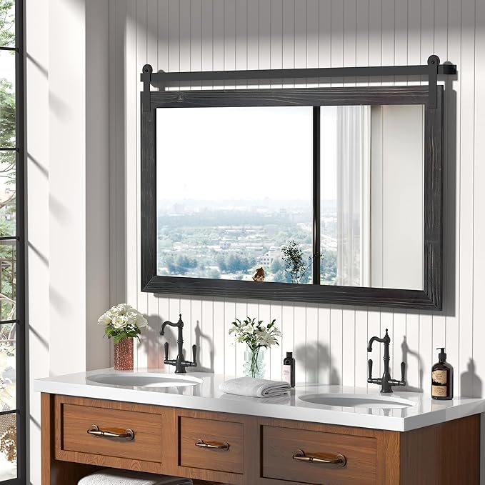 COGOOD Farmhouse Bathroom Mirror - 49 x 30 Rustic Wood Framed Wall Barn Door Mirror for Entryway, Living Room, Entryway Wall Decor (Black)