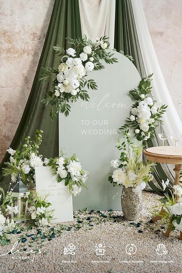 Artificial Flowers for Wedding Arch, 4-Piece Set in White and Sage