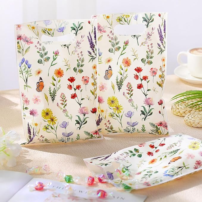 100 Pcs Wildfloral Gift Bags Vintage Wildflower Party Favor Bag with Handle Wildfloral Plastic Goodie Candy Treat Gift Wrapping for Summer Baby Shower Birthday Wedding Party Supplies (White)
