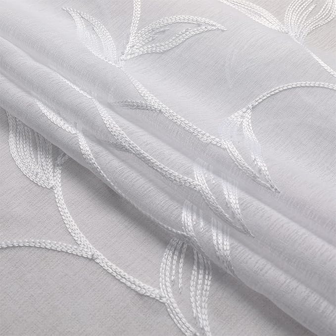 VISIONTEX White Sheer Voile Curtains, Decorative Leaves Embroidery Faux Linen Rod Pocket Window Drapes for Home Kitchen, Living Room and Bedroom 26 x 36 Inch, Set of 2 Curtain Panels